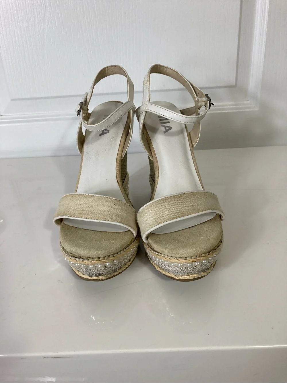 MIA Espadrilles Women 8 Strappy Wedge Pearls Sequins Cream Sandals